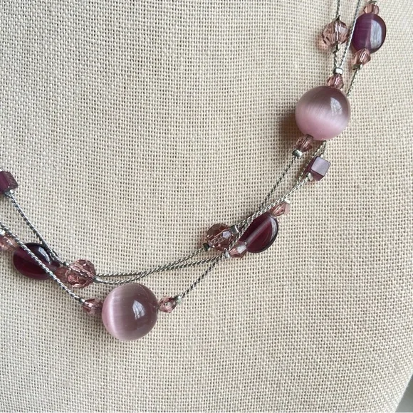 Lia Sophia Violet Fog purple cat’s eye glass bead station necklace multi strand - Picture 2 of 7